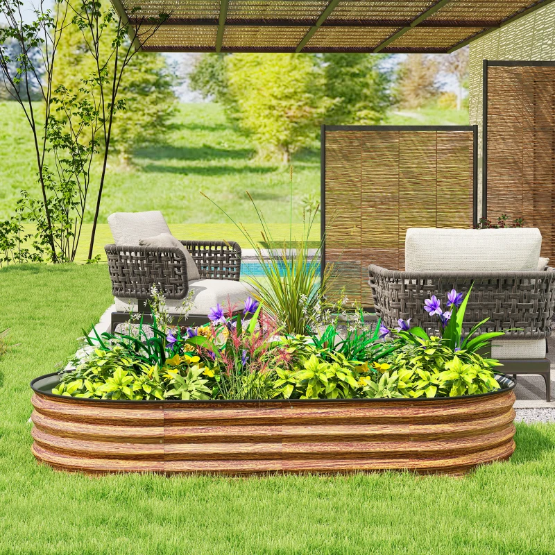 Outsunny 5' x 3' x 1' Large Outdoor Planter Box, Galvanized Raised Garden Bed with Metal Plant Stake, Brown Wood Effect