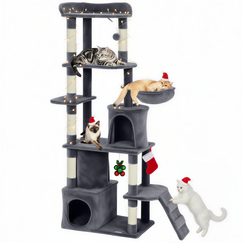 PawHut 67" Large Cat Tree with 7 Scratching Posts, Tunnel, 2 Condos, Hammock, Perch, Ramp, Pompoms, Dark Grey
