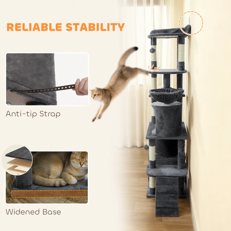 PawHut 67" Large Cat Tree with 7 Scratching Posts, Tunnel, 2 Condos, Hammock, Perch, Ramp, Pompoms, Dark Grey