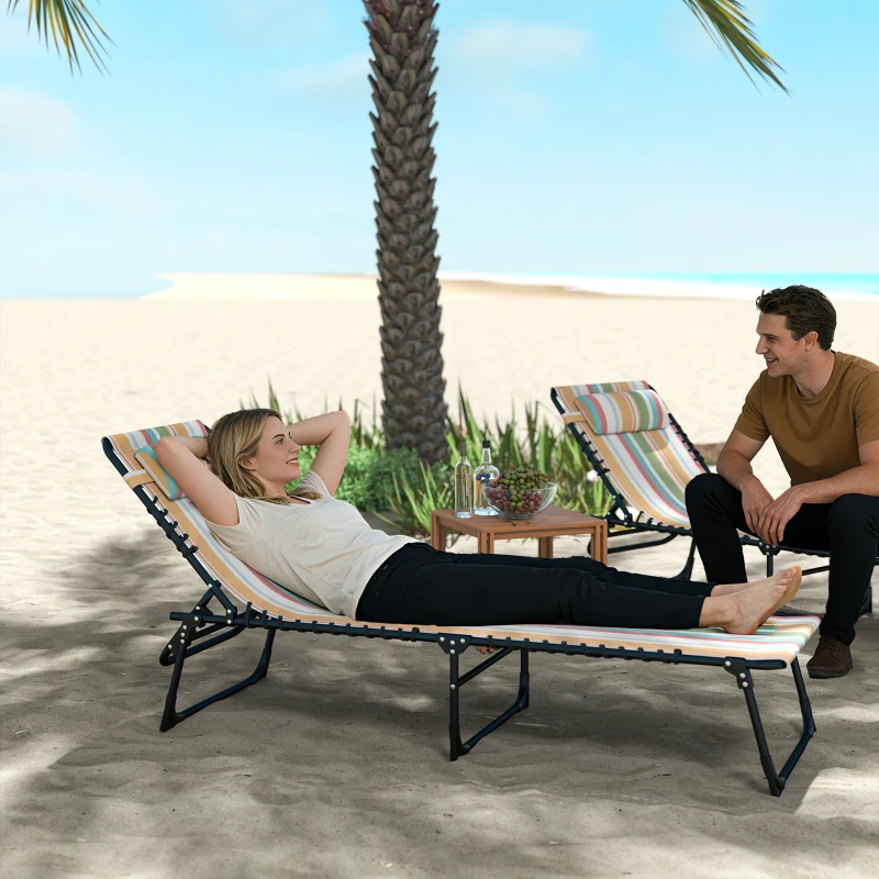 Outsunny Folding Chaise Lounge Pool Chair with 4-Position Reclining Back, Pillow, Breathable Mesh & Bungee Seat, Rainbow Striped