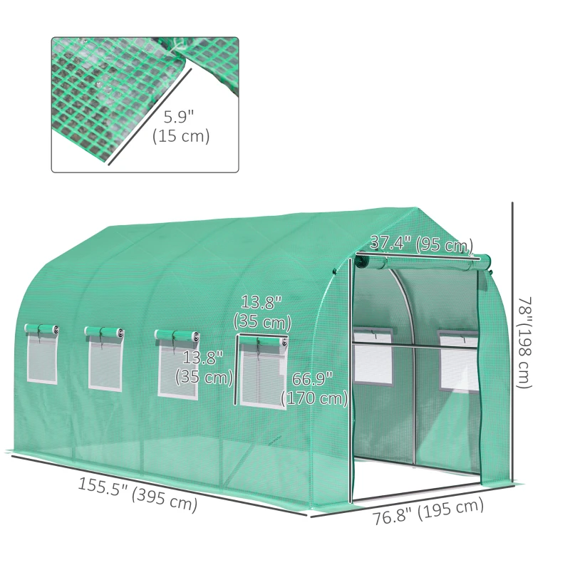 Outsunny 13' x 6.5' x 6.5' Steeple Walk-in Greenhouse Garden Plant Seed Grow Tent Polytennel with Windows and Door Green