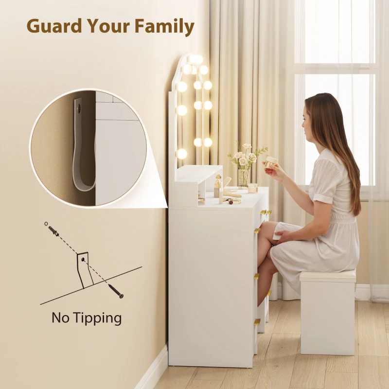 HOMCOM Makeup Vanity with Mirror and 10 LED Lights, 3 Colour Adjustable, Dressing Table with 7 Drawers, 3 Compartments, White