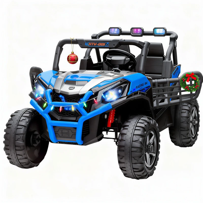 Qaba 2 Seater 24V Kids Electric Car w/ Remote Control, 3 Speed, LED Lights, Music, Horn, Spring Suspension, Slow Start, Blue