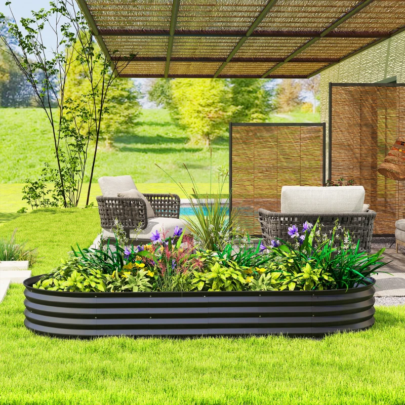Outsunny 7' x 3' x 1' Large Outdoor Planter Box, Galvanized Raised Garden Bed with Metal Plant Stake, Black
