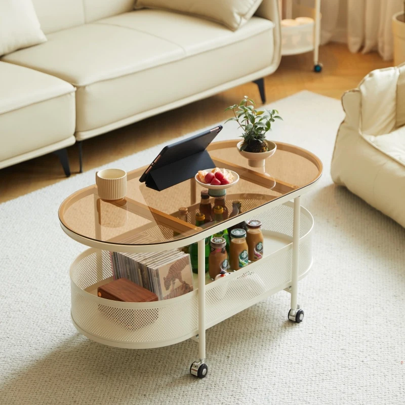 Oval Rolling Metal Coffee Table with 4 Swivel Casters, Tempered Glass Top, Storage Bin with Bottom Perforated, 35.5" L x 18" W x 18" H, White