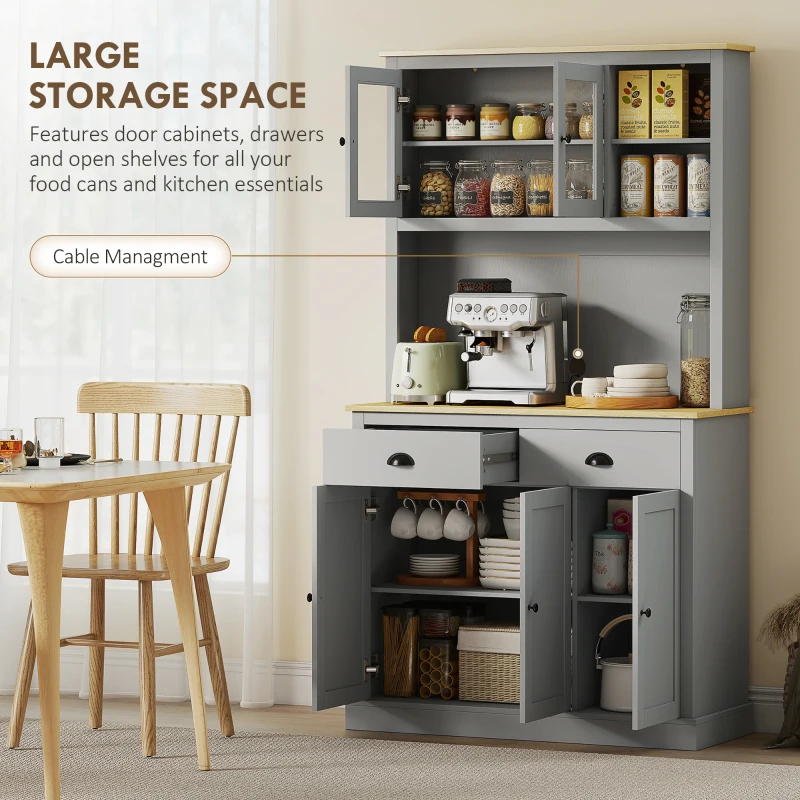 HOMCOM Freestanding Kitchen Cabinet, 71" Tall Pantry Cabinet, Modern Hutch with Wide Countertop, Adjustable Shelves, Gray