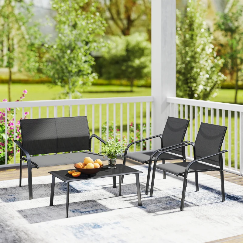 Outsunny 4 Piece Patio Furniture Set, Outdoor Conversation Set with Deep Seat, Loveseats, Armchairs, Glass-Top Table, Black