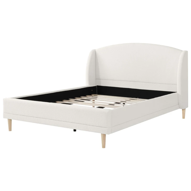 King Size Bed Frame with Soft Boucle Wingback Headboard, Upholstered Platform Bed with Wood Slats, 86.5'' L x 84'' W x 45.5'' H, White