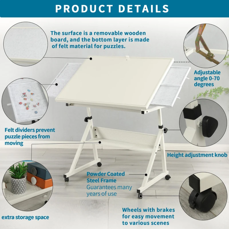 1500-Piece Jigsaw Puzzle Table with 4 Felt Sorting Trays, Wood Protective Cover, Desk with Storage Shelf, 35.5" L x 23.5" W x 29.5" H, White+gray