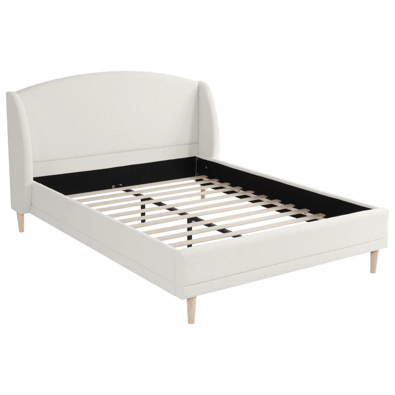 King Size Bed Frame with Soft Boucle Wingback Headboard, Upholstered Platform Bed with Wood Slats, 86.5'' L x 84'' W x 45.5'' H, White