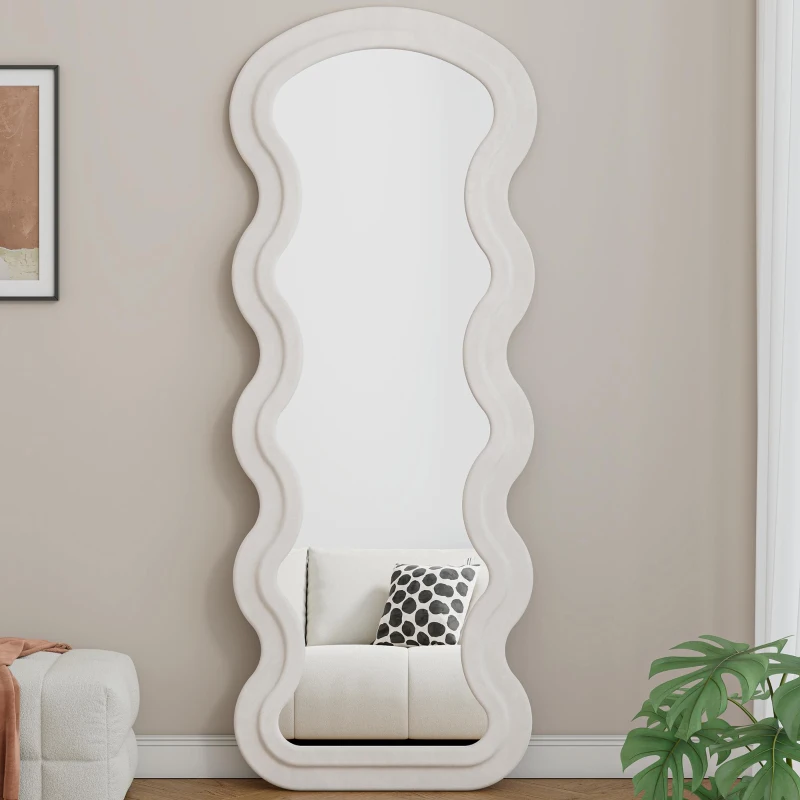 Flannel Full-Length Wavy Floor Mirror with Stand, Soft Padded Frame, Glass with Shatter-Resistant Backing, 63" L x 24" W x 2.5" H, Cream White