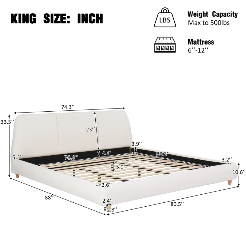 Modern Minimalist Upholstered Bed with Rubberwood Legs, Upholstered Platform Bed with Wood Slats, 88'' L x 80.5'' W x 33.5'' H, White
