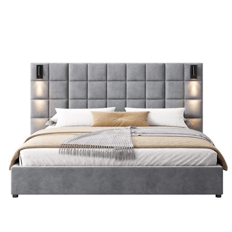 Queen Platform Bed Frame with Built-in Reading Lamps and USB Port, Platform Bed with High Headboard, 84.5'' L x 92'' W x 45.5'' H, Gray