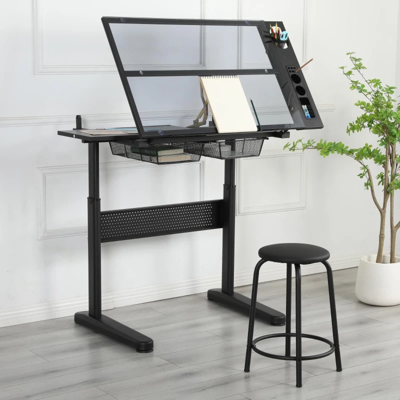 Hand-Crank Adjustable Drafting Table with 2 Drawers, Pull-Out MDF Side Shelf, Tempered Glass Top Desk for Kids, 38" L x 23.5" W x 29.5" H, Black