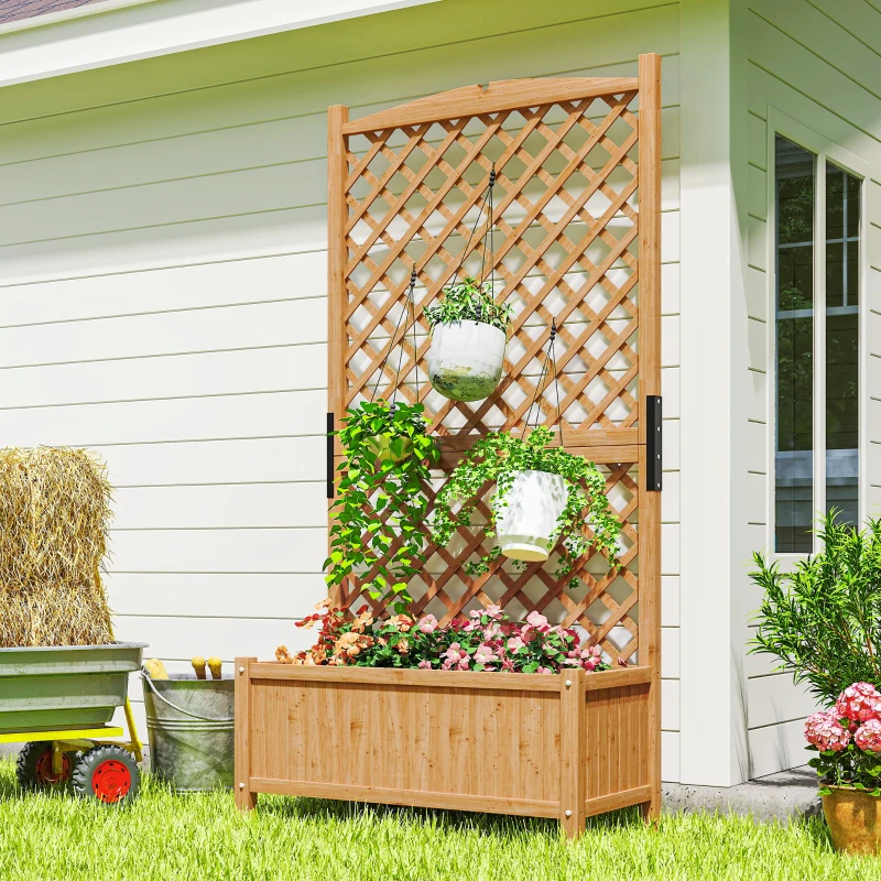 Outsunny Raised Garden Bed with Trellis, Wooden Raised Planter Box with Elevated Raised Bed, 35.4" x 17.7" x 70.9", Yellow