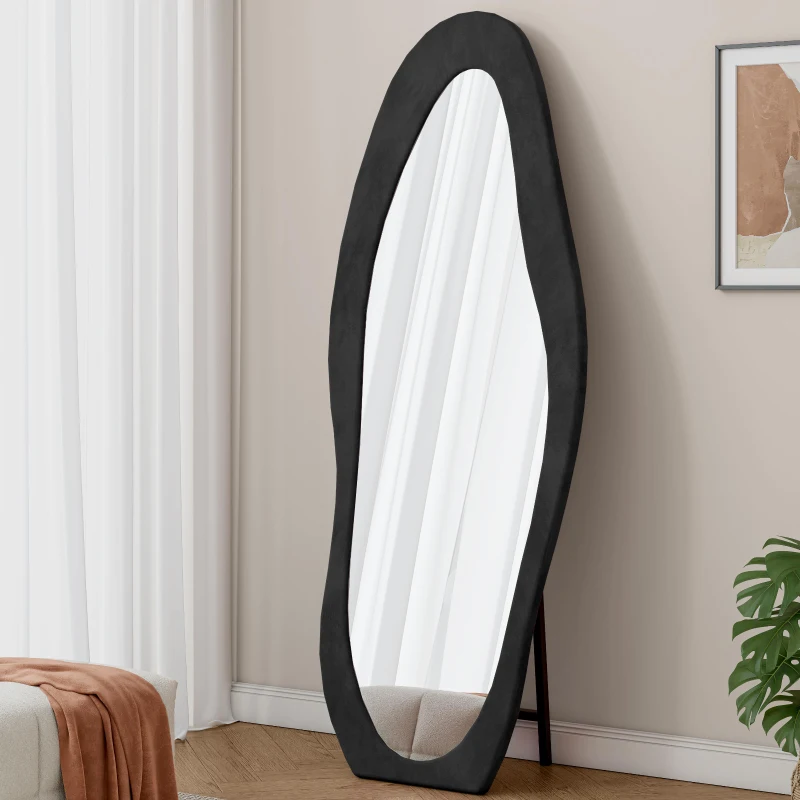 Full-Length Mirror with Flannel-Wrapped Wooden Frame, Irregular Wavy Design, Tempered Glass for Living Room, 63" L x 24" W x 2.5" H, Black