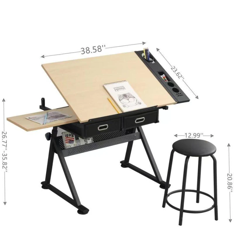 Adjustable Drafting Table Desk with Tilt Top, 2 Large Fabric Drawers, Drawing Desk with Side Pen Storage, 38.5" L x 23.5" W x 27" - 36" H, Maple