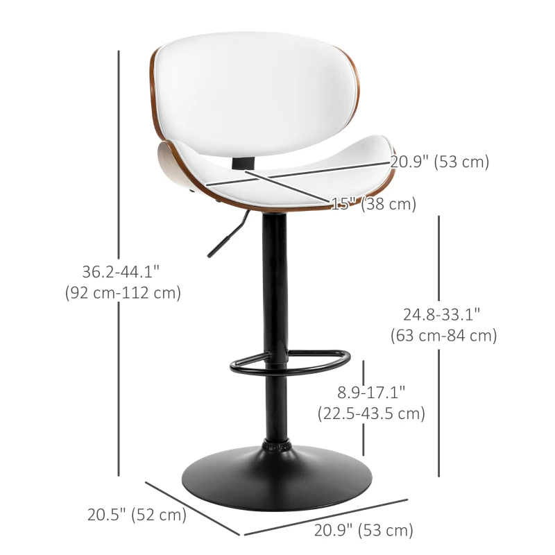 HOMCOM Bar Stools Set of 2, Modern PU Leather Adjustable Swivel Barstools with Curved Back, Footrest and Steel Base, White