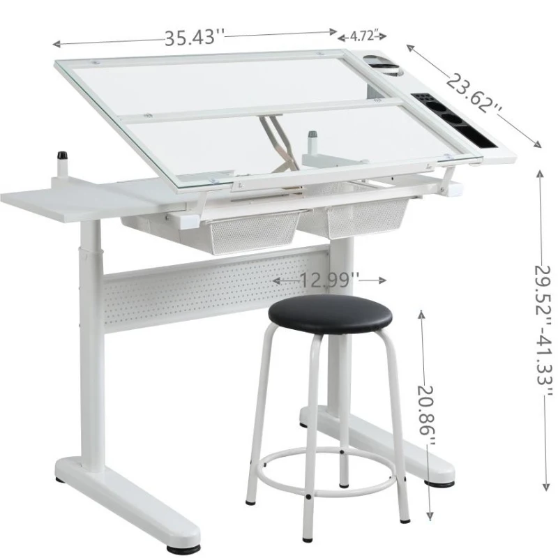 Hand-Crank Adjustable Drafting Table with 2 Drawers, Pull-Out MDF Side Shelf, Tempered Glass Top Desk for Kids, 38" L x 23.5" W x 29.5" H, White