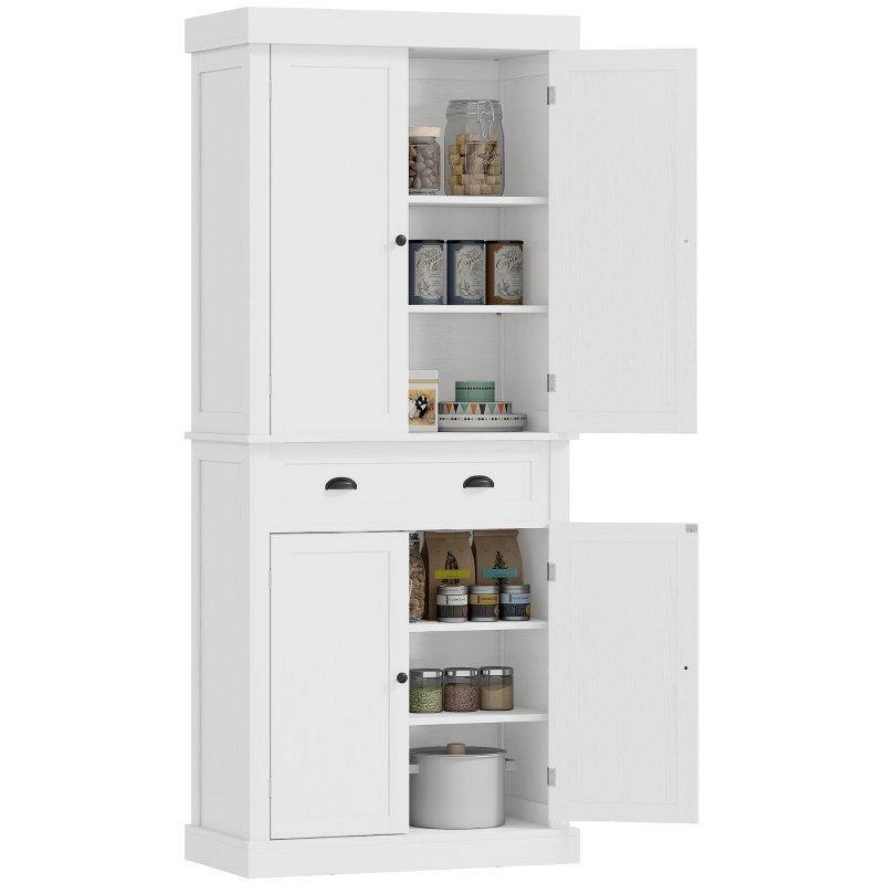 HOMCOM 72.5" Kitchen Pantry Cabinet, Traditional Freestanding Storage Cabinet with 4 Doors, Drawer and 3 Adjustable Shelves for Dining Room, White