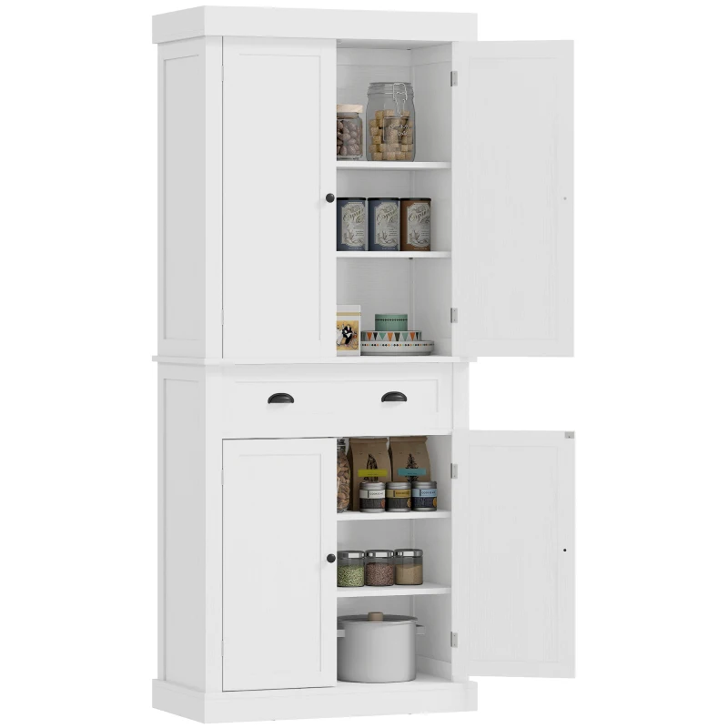 HOMCOM 72.5" Kitchen Pantry Cabinet, Traditional Freestanding Storage Cabinet with 4 Doors, Drawer and 3 Adjustable Shelves for Dining Room, White