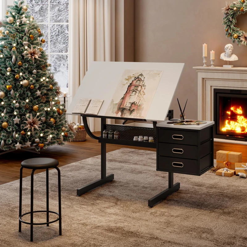 Adjustable Drafting Table with Stool and 3 Hanging Fabric Drawers, Desk for Drawing, Crafting & Reading, 45.5" L x 23.5" W x 30" H, Black+White