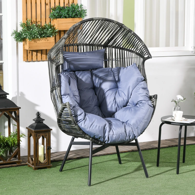 Outsunny Wicker Egg Chair Outdoor Indoor Rattan Oversized Patio Lounge Chair with 5.5" Cushions and Headrest, Grey
