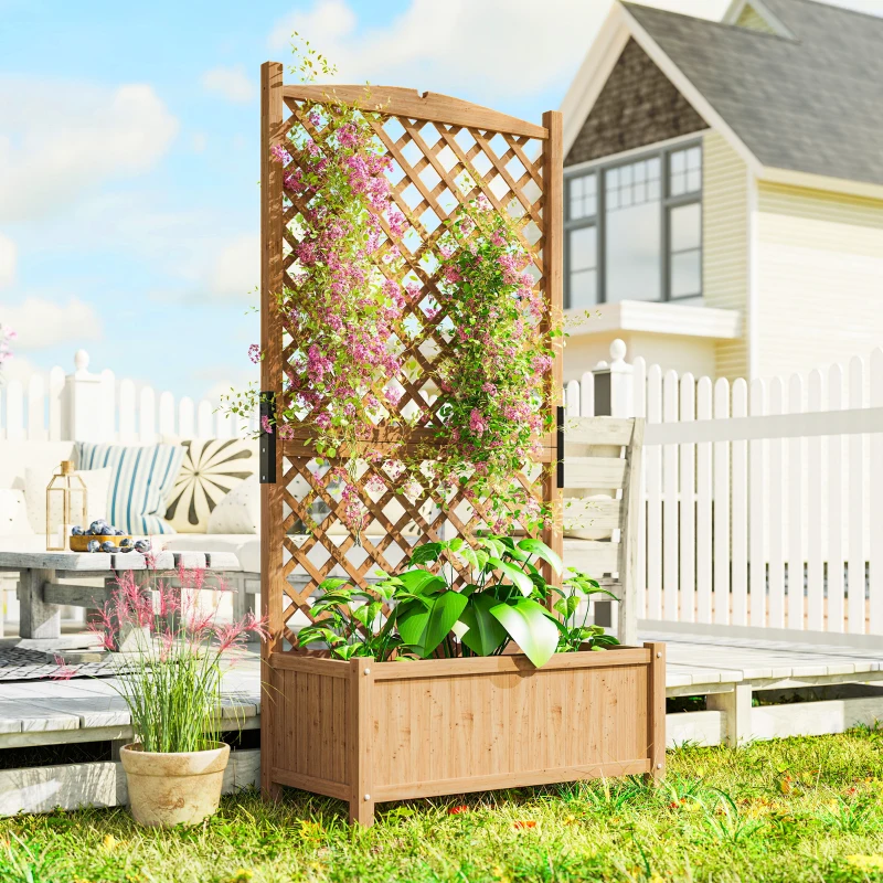 Outsunny Raised Garden Bed with Trellis, Wooden Raised Planter Box with Elevated Raised Bed, 35.4" x 17.7" x 70.9", Yellow