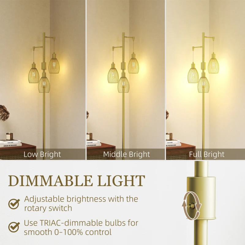 HOMCOM Industrial Floor Lamp with 3 Hanging Wire Lampshades, Dimmable Standing Lamp for Living Room, Gold