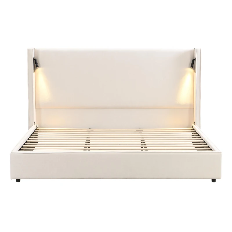 King Bed Frame with Adjustable Reading Lamp and USB Charging Port, Platform Bed with Wingback Headboard, 86'' L x 83.5'' W x 49'' H, Beige