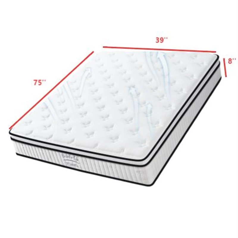 Twin Mattress Cushion with Memory Foam and Pocket Springs, Mattress Pad with Vacuum-Compressed Easy Setup, 39'' L x 75'' W x 8'' H, White