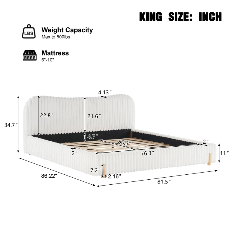 Modern Minimalist Upholstered Bed with Padded Headboard, Upholstered Platform Bed with Rubberwood Legs, 86'' L x 81.5'' W x 34.5'' H, White