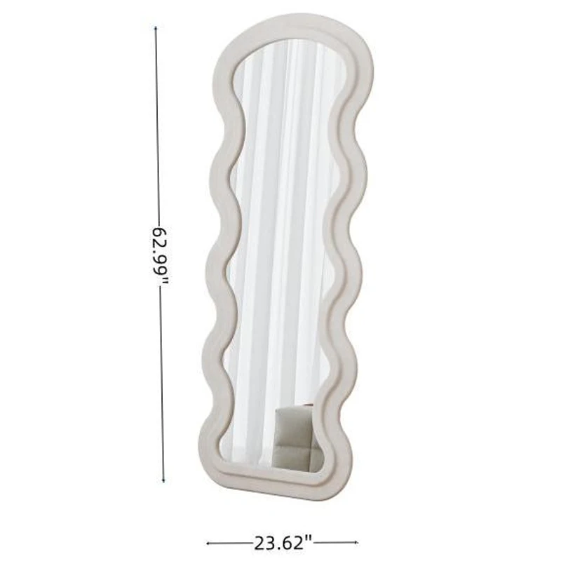 Flannel-Covered Wavy Full-Length Floor Mirror with True-Reflection Glass, Metal Glass with Shatter-Resistant Backing, 63" L x 24" W x 2.5" H, White