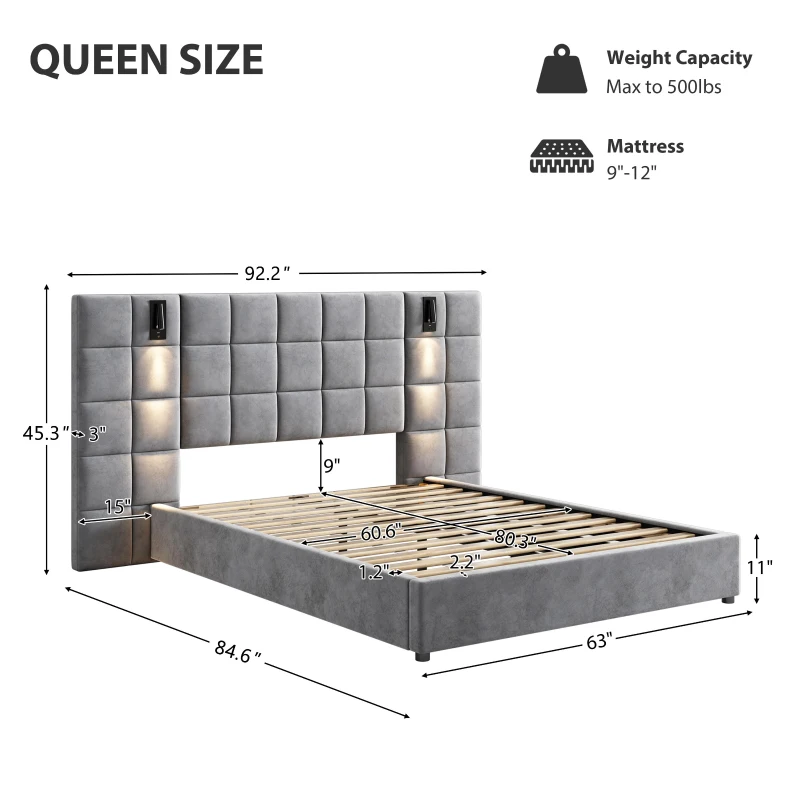Queen Platform Bed Frame with Built-in Reading Lamps and USB Port, Platform Bed with High Headboard, 84.5'' L x 92'' W x 45.5'' H, Gray