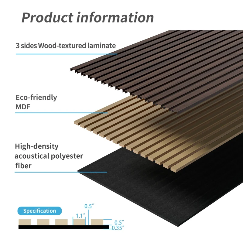 4-Pack Wood Slat Acoustic Wall Panels with MDF & High-Density Polyester, Fluted Cladding for Wall or Ceiling, 45.5" L x 23.5" W x 1" H, Walnut
