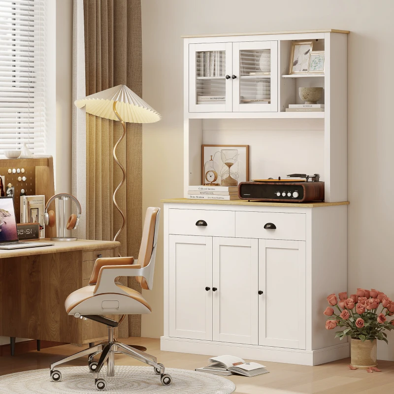 HOMCOM Freestanding Kitchen Cabinet, 71" Tall Pantry Cabinet, Modern Hutch with Wide Countertop, Adjustable Shelves, White