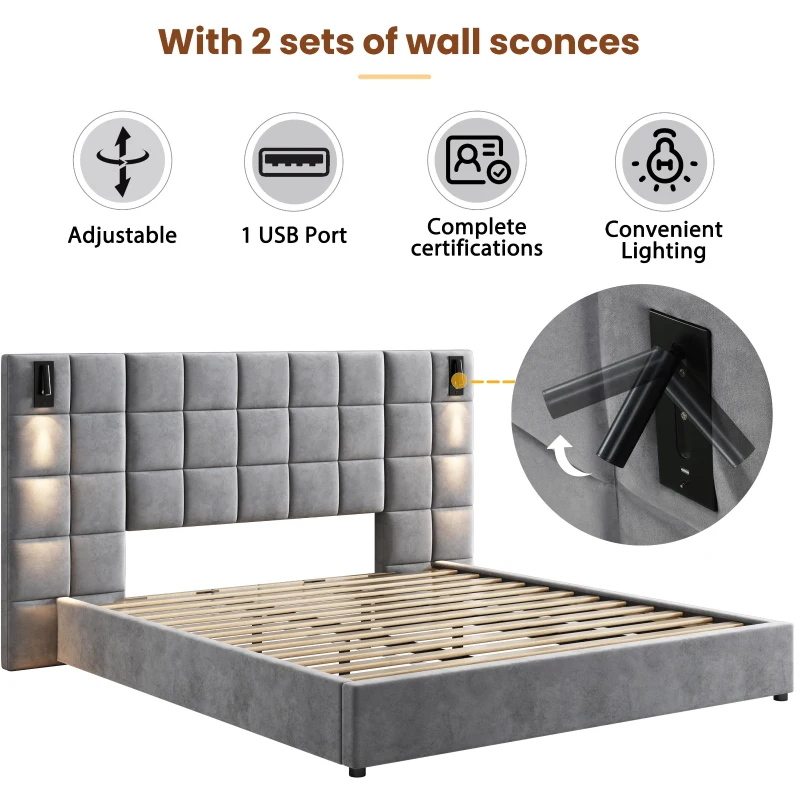 Queen Platform Bed Frame with Built-in Reading Lamps and USB Port, Platform Bed with High Headboard, 84.5'' L x 92'' W x 45.5'' H, Gray