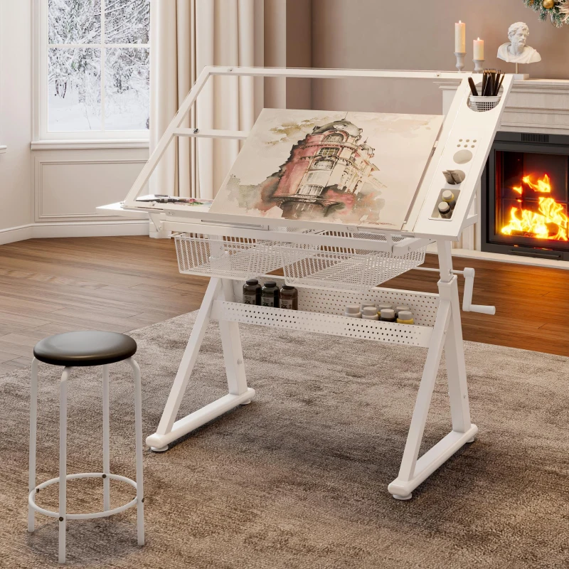 Hand-Crank Adjustable Drafting Table with 2 Large Metal Drawers, Drawing Desk with Tempered Glass Top, 40" L x 23.5" W x 29.5" H, White