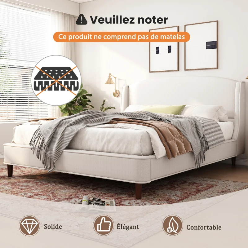 King Size Upholstered Platform Bed with Wingback Headboard, Double Bed with Solid Rubberwood Legs, 87'' L x 79.5'' W x 44.5'' H, White