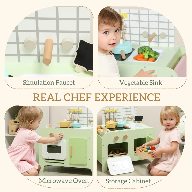Qaba Kids Kitchen Playset with 15 Accessories, Microwave Oven, Cabinets, for Boys and Girls Ages 3+, Green