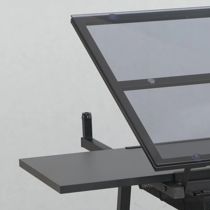 Adjustable Tempered Glass Drafting Table with 2 Large Metal Drawers and Stool, Desk with Side Storage Rails, 40" L x 23.5" W x 27.5" H, Black