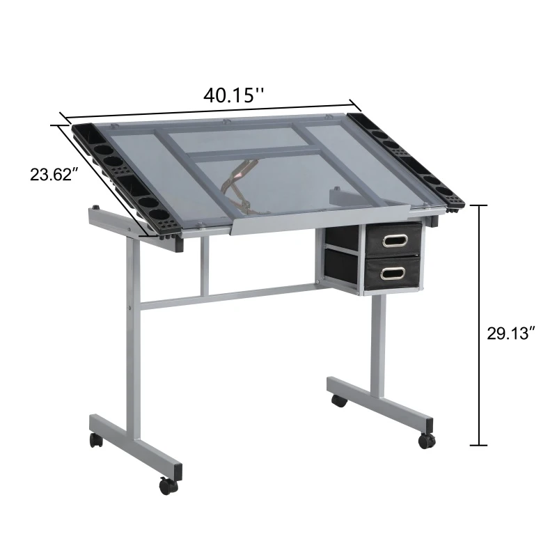 Adjustable Drafting Table Desk with 2 Fabric Drawers, 4 Locking Casters, Drawing Desk with Pencil Ledges, 40.5" L x 23.5" W x 31" H, Silver grey