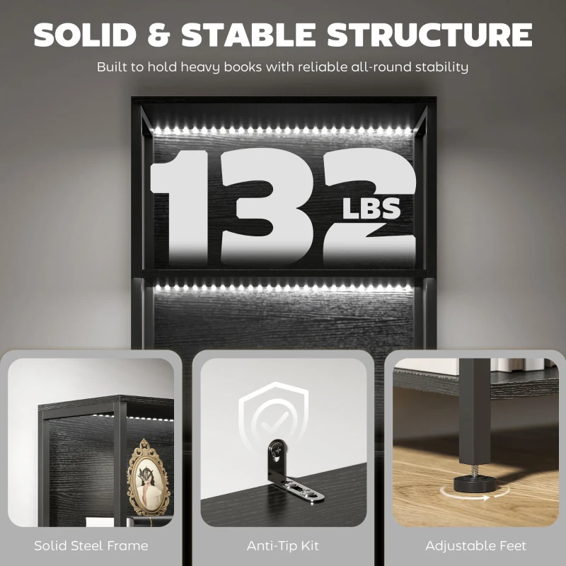 HOMCOM 5-Tier Bookshelf, Freestanding Bookcase with LED Lights and Metal Frame for Living Room, Bedroom, Home Office, Black