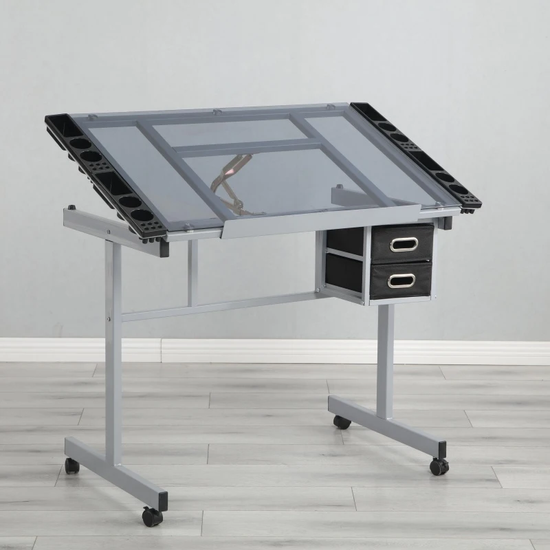 Adjustable Drafting Table Desk with 2 Fabric Drawers, 4 Locking Casters, Drawing Desk with Pencil Ledges, 40.5" L x 23.5" W x 31" H, Silver grey