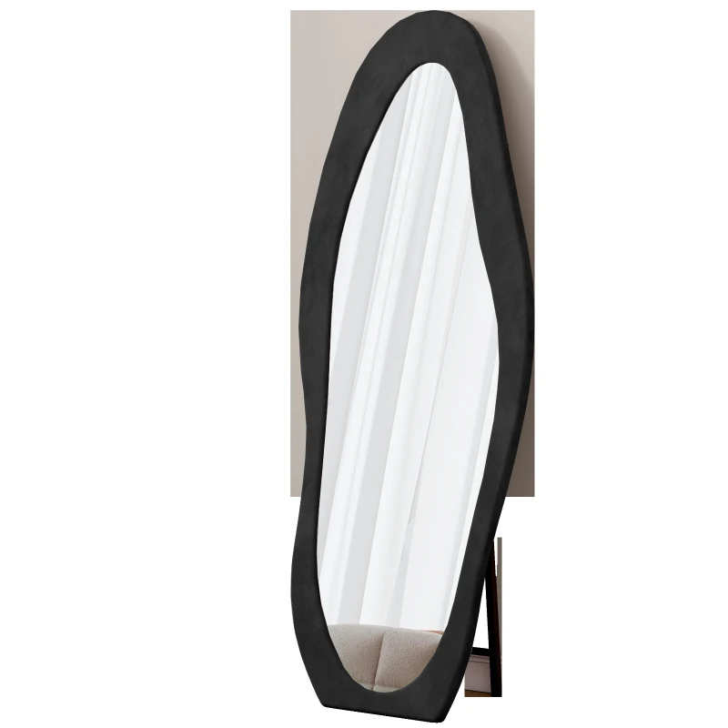 Full-Length Mirror with Flannel-Wrapped Wooden Frame, Irregular Wavy Design, Tempered Glass for Living Room, 63" L x 24" W x 2.5" H, Black