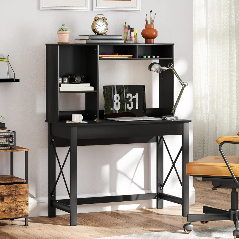 HOMCOM Computer Desk with Hutch, Home Office Table with Storage Shelves and Open Compartments for Writing, Work, Black