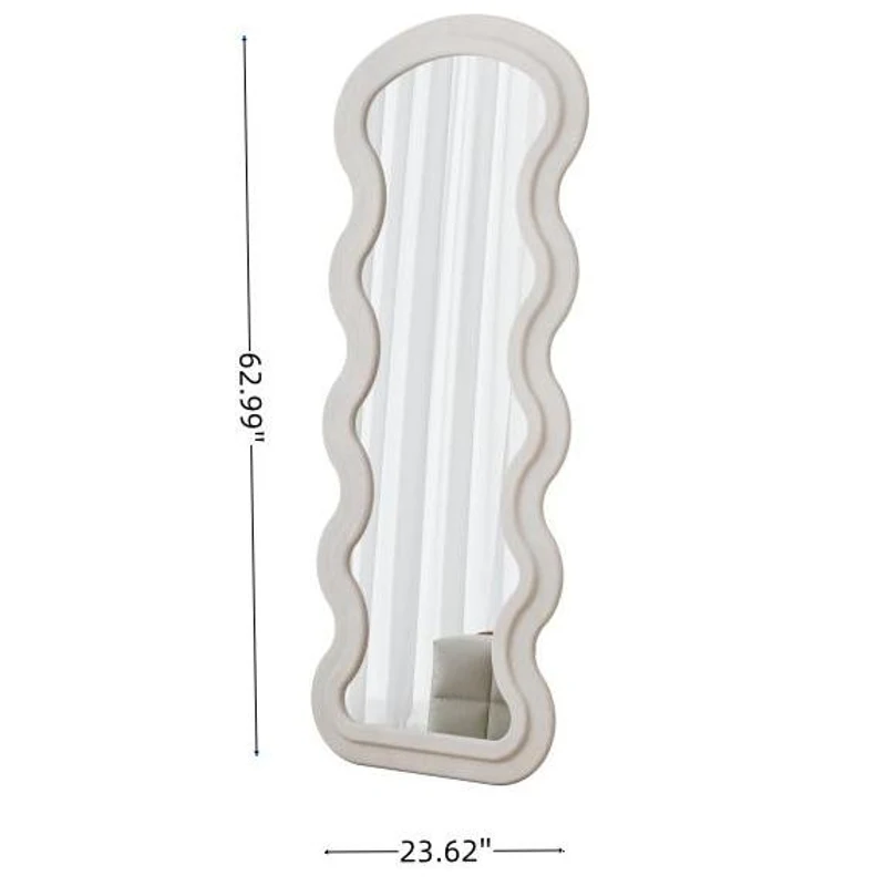 Flannel Full-Length Wavy Floor Mirror with Stand, Soft Padded Frame, Glass with Shatter-Resistant Backing, 63" L x 24" W x 2.5" H, Cream White