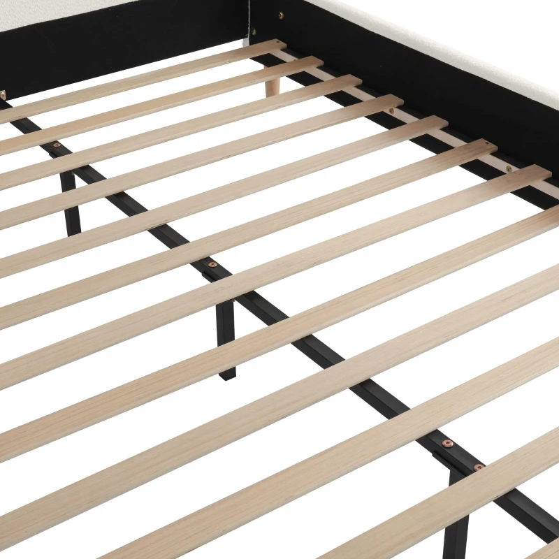 King Size Bed Frame with Soft Boucle Wingback Headboard, Upholstered Platform Bed with Wood Slats, 86.5'' L x 84'' W x 45.5'' H, White