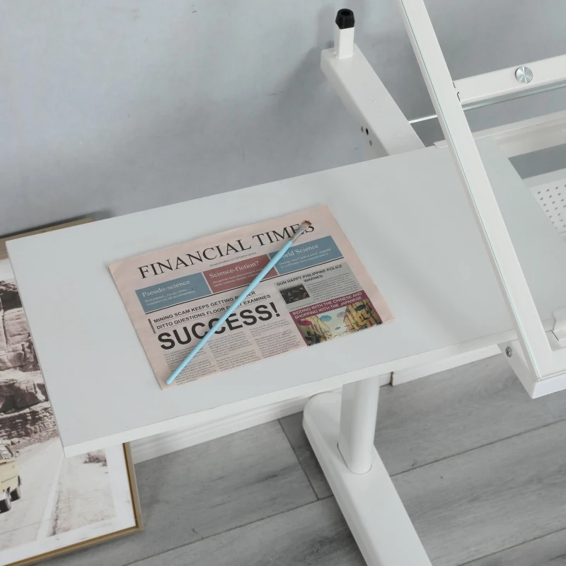 Hand-Crank Adjustable Drafting Table with 2 Drawers, Pull-Out MDF Side Shelf, Tempered Glass Top Desk for Kids, 38" L x 23.5" W x 29.5" H, White