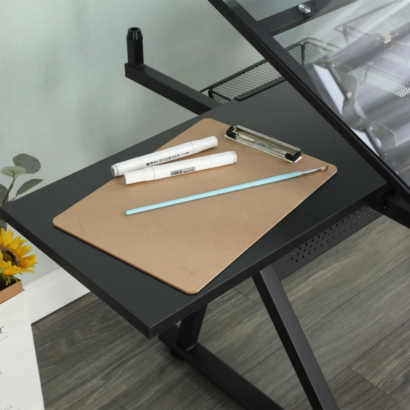 Adjustable Tempered Glass Drafting Table with 2 Large Metal Drawers and Stool, Desk with Side Storage Rails, 40" L x 23.5" W x 27.5" H, Black